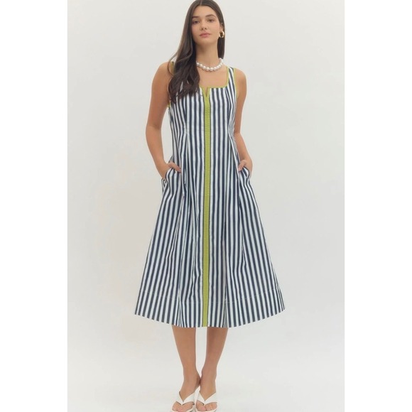 entro Dresses & Skirts - Entro Striped Midi Dress Green Trim Sleeveless Coastal Preppy Cotton Small